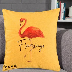 Perna Decorativa Flamingo Acuarela, 40x40 cm, Galben, Husa Detasabila, Perna Inclusa, BEKZ®