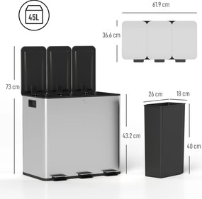 HOMCOM Pubelă de reciclare 45L cu 3 compartimente și închidere silențioasă, din oțel inoxidabil și PP, 61.9x36.6x43.2 cm, argintiu | Aosom Romania
