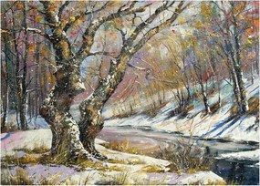 Tablou cu peisaj de iarnă pictat (70x50 cm)