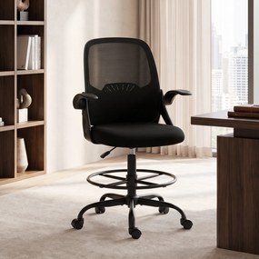 HOMCOM Scaun de Birou Ergonomic din Plasă, cu Suport Lombar și Suport pentru Picioare Reglabil, Cotiere Rabatabile, Negru | Aosom Romania