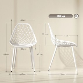 HOMCOM Set 4 Scaune Moderne cu Spătar Perforat din Plastic și Metal Alb | Aosom Romania