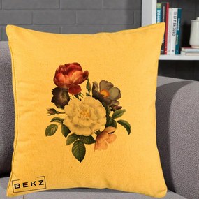 Perna Decorativa Buchet Trandafiri Bujori Botanical, 40x40 cm, Galben, Husa Detasabila, Perna Inclusa, BEKZ®