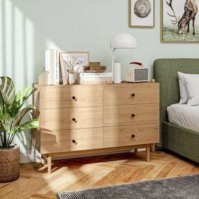 HOMCOM Comodă 6 sertare mobilier de depozitare picioare din lemn masiv 120 x 40 x 80 cm culoare lemn | Aosom Romania