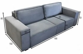 Canapea extensibilă 3 locuri RONDA cu spațiu de depozitare, gri