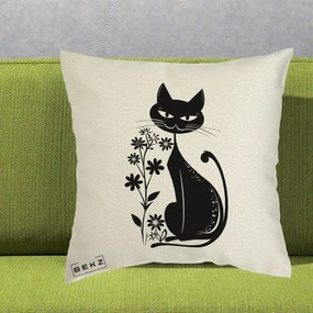 Perna Decorativa Pisica Neagra Grafica Minimalista, 40x40 cm, Ecru, Husa Detasabila, Perna Inclusa, BEKZ®