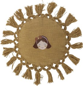 Pernă rotundă din bumbac galben muștar cu fetiță brodată și ciucuri, 35 cm, „Elinna"