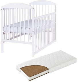 Patut din lemn masiv 120x60 cm Orella alb cu laterala culisanta, include saltea cocos LUX 120x60x9 cm