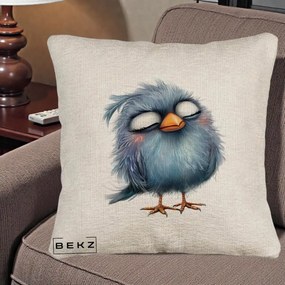 Perna Decorativa Pui Pufos Albastru Adormit, 40x40 cm, Bej Canapea, Husa Detasabila, Perna Inclusa, BEKZ®