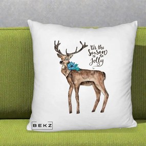 Perna Decorativa Ren Tis the Season to be Jolly, 40x40 cm, Alb Pufos, Husa Detasabila, Perna Inclusa, BEKZ®