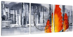 Tablou - Victoria Harbour, Hong Kong, pictură în ulei alb- negru (cu ceas) (90x30 cm)