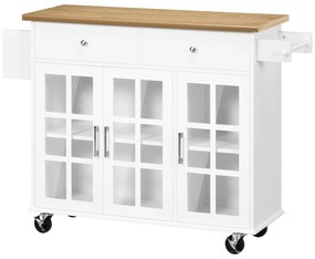 HOMCOM Cărucior de bucătărie cu roți Insulă de bucătărie cu 2 sertare 3 uși din sticlă securizată suport prosop 124,5x39,5x90 cm Alb | Aosom Romania