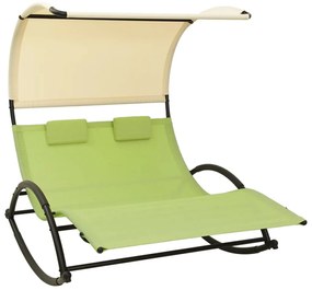 vidaXL Șezlong de plajă dublu cu baldachin, verde și crem, textilenă