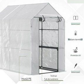 Outsunny Seră cu Ușă Rulabilă și 4 Rafturi, Seră pentru Creșterea Plantelor și Florilor în Aer Liber, 120x186x190 cm, Alb | Aosom Romania