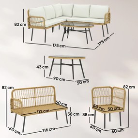 Outsunny Set Mobilier Grădină din Ratan, 4 Piese în Formă de L, cu 2 Canapele, Colțar, Măsuță de Cafea și Perne, Cadru din Oțel, pentru Balcon sau Terasă, Natural/Crem | Aosom Romania
