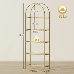 HOMCOM Raft de Depozitare Arcuit cu 5 Nivele din Oțel și Sticlă Securizată, 60x30x175 cm, Auriu | Aosom Romania