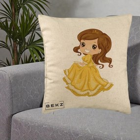 Perna Decorativa Printesa Bella Rochie Aurie, 40x40 cm, Bej, Husa Detasabila, Perna Inclusa, BEKZ®
