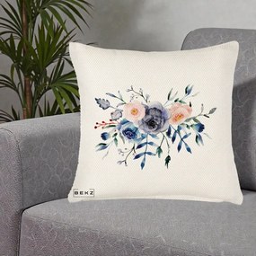 Perna Decorativa Buchet Flori Albastre Acuarela, 40x40 cm, Crem Reliefat, Husa Detasabila, Perna Inclusa, BEKZ®