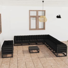 vidaXL Set mobilier de grădină cu perne12 piese, negru, lemn masiv pin