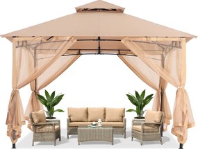 ABCCANOPY Foișor de gradina 3.3x3.3 m - Foișor exterior cu cadru din oțel și plasă de țânțari pentru gazon, curte, grădină, terasă, Bej