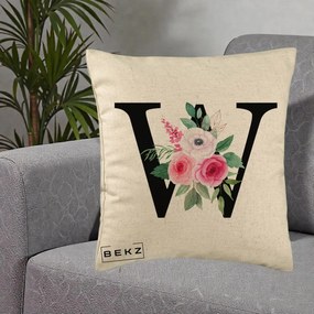 Cadou Personalizat - Perna Personalizata Monograma Florala Litera W cu Trandafiri si Anemona, 40x40 cm, Bej, Husa Detasabila, Perna Inclusa, BEKZ®