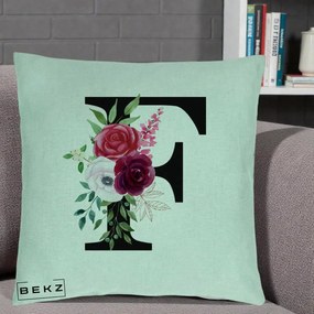 Cadou Personalizat - Perna Personalizata Monograma Florala Litera F, 40x40 cm, Verde Menta, Husa Detasabila, Perna Inclusa, BEKZ®