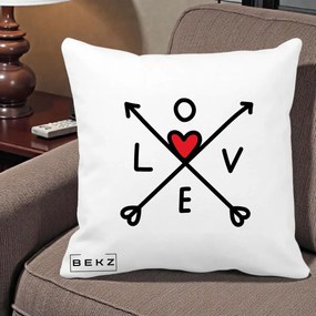 Perna Decorativa Love cu Sageti Incrucisate si Inima Rosie, 40x40 cm, Alba Mata, Husa Detasabila, Perna Inclusa, BEKZ®