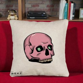 Perna Decorativa Craniu Roz Tatoo Art Halloween, 40x40 cm, Bej Canapea, Husa Detasabila, Perna Inclusa, BEKZ®