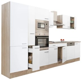 Mobilă de bucătărie Yorki 370, corp din stejar sonoma, față alb satinat, cu dulap cu raft