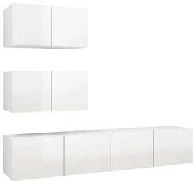 Set de dulapuri TV, 4 piese, alb extralucios, lemn prelucrat 1, Alb foarte lucios, 60 x 30 x 30 cm