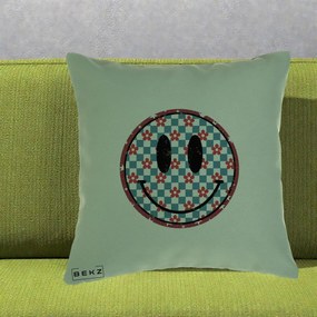 Perna Decorativa Smiley Face Checkered cu Floricele, 40x40 cm, Verde, Husa Detasabila, Perna Inclusa, BEKZ®