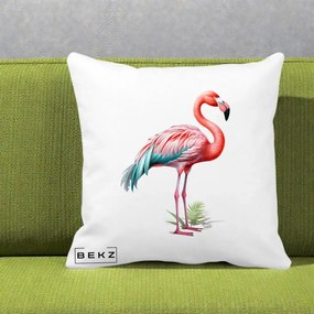 Perna Decorativa Flamingo Roz cu Pene Teal, 40x40 cm, Alba Mata, Husa Detasabila, Perna Inclusa, BEKZ®