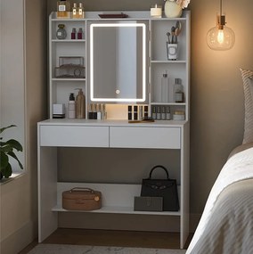 Masuta machiaj cu Oglinda LED si 2 Sertare pentru Cosmetice, Set Masa toaleta 90 cm, Alb, masuta cosmetica, vanity cu sau fara Priza, cu sau fara