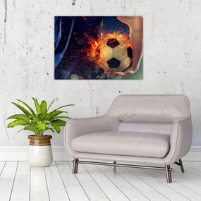 Tablou pe sticlă - Minge de fotbal în flăcări (70x50 cm)