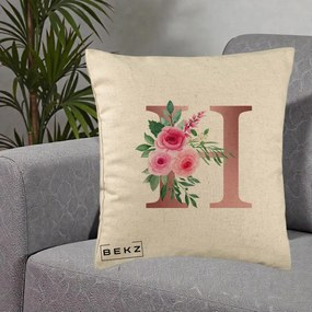 Cadou Personalizat - Perna Personalizata Monograma Rose Gold Litera H, 40x40 cm, Bej, Husa Detasabila, Perna Inclusa, BEKZ®