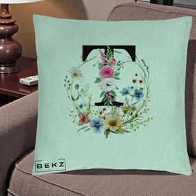 Cadou Personalizat - Perna Personalizata Monogram Litera T cu Flori Acuarela, 40x40 cm, Verde Menta, Husa Detasabila, Perna Inclusa, BEKZ®