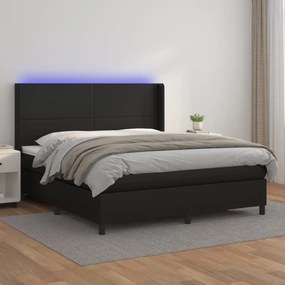 vidaXL Pat cu arcuri, saltea și LED, negru, 180x200cm, piele ecologică