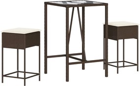 vidaXL Set bar de grădină, 3 piese, cu perne, maro, poliratan