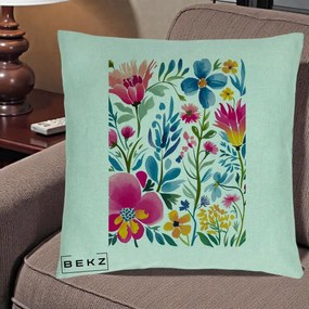Perna Decorativa Gradina Florala Acuarela Colorata, 40x40 cm, Verde Menta, Husa Detasabila, Perna Inclusa, BEKZ®