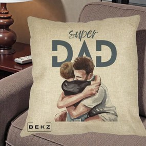 Cadou pentru Tata - Perna Personalizata Super Dad Tata si Fiu Imbratisare, 40x40 cm, Crem, Husa Detasabila, Perna Inclusa, BEKZ®