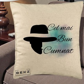Cadou pentru Cumnat - Perna Personalizata Cel mai Bun Cumnat cu Silueta Palarie si Pete Teal-Roz, 40x40 cm, Bej, Husa Detasabila, Perna Inclusa, BEKZ®