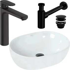 Pachet lavoar pe blat Rea Amelia alb 48 cm, baterie lavoar Hansgrohe Vernis Blend negru si ventil lavoar Click-Clack negru