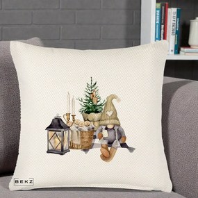 Perna Decorativa Gnom Scandinav cu Felinar, 40x40 cm, Crem Reliefat, Husa Detasabila, Perna Inclusa, BEKZ®