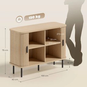 HOMCOM Bufet pentru living, corp de depozitare cu 2 uși culisante tambur cu lamele și 4 compartimente, stejar | Aosom Romania