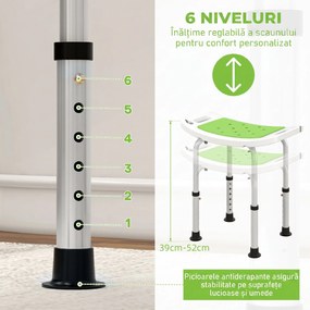 HOMCOM Taburet pentru Duș din Aluminiu și Plastic Antiderapant, Reglabil 6 Niveluri 39-52cm, Verde | Aosom Romania