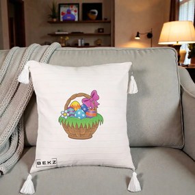 Perna Decorativa Cos cu Oua de Pasti Colorat, 40x40 cm, Bej cu Franjuri, Husa Detasabila, Perna Inclusa, BEKZ®