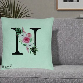 Cadou Personalizat - Perna Personalizata Monograma Florala Litera N, 40x40 cm, Verde Menta, Husa Detasabila, Perna Inclusa, BEKZ®