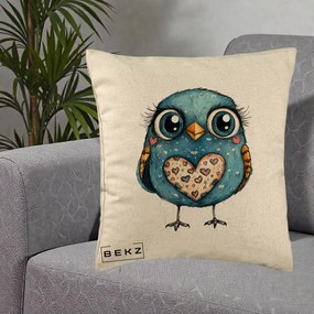 Perna Decorativa Bufnita Albastra cu Inimioare, 40x40 cm, Bej, Husa Detasabila, Perna Inclusa, BEKZ®