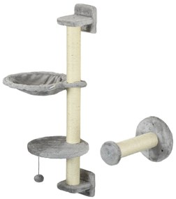 PawHut Copac de pisici complet pe perete cu 4 piese hamac, panglică, platformă de sărit, stâlp din sisal și scară pluș gri | Aosom Romania