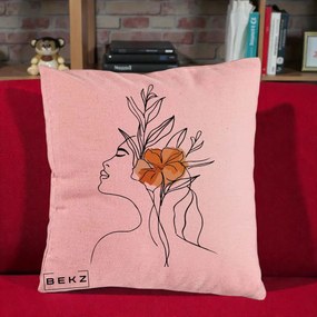 Perna Decorativa Portret Feminin Floare Portocalie Lateral, 40x40 cm, Roz, Husa Detasabila, Perna Inclusa, BEKZ®