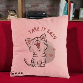 Perna Personalizata Take It Easy Cat, 40x40 cm, Roz, Husa Detasabila, Perna Inclusa, BEKZ®